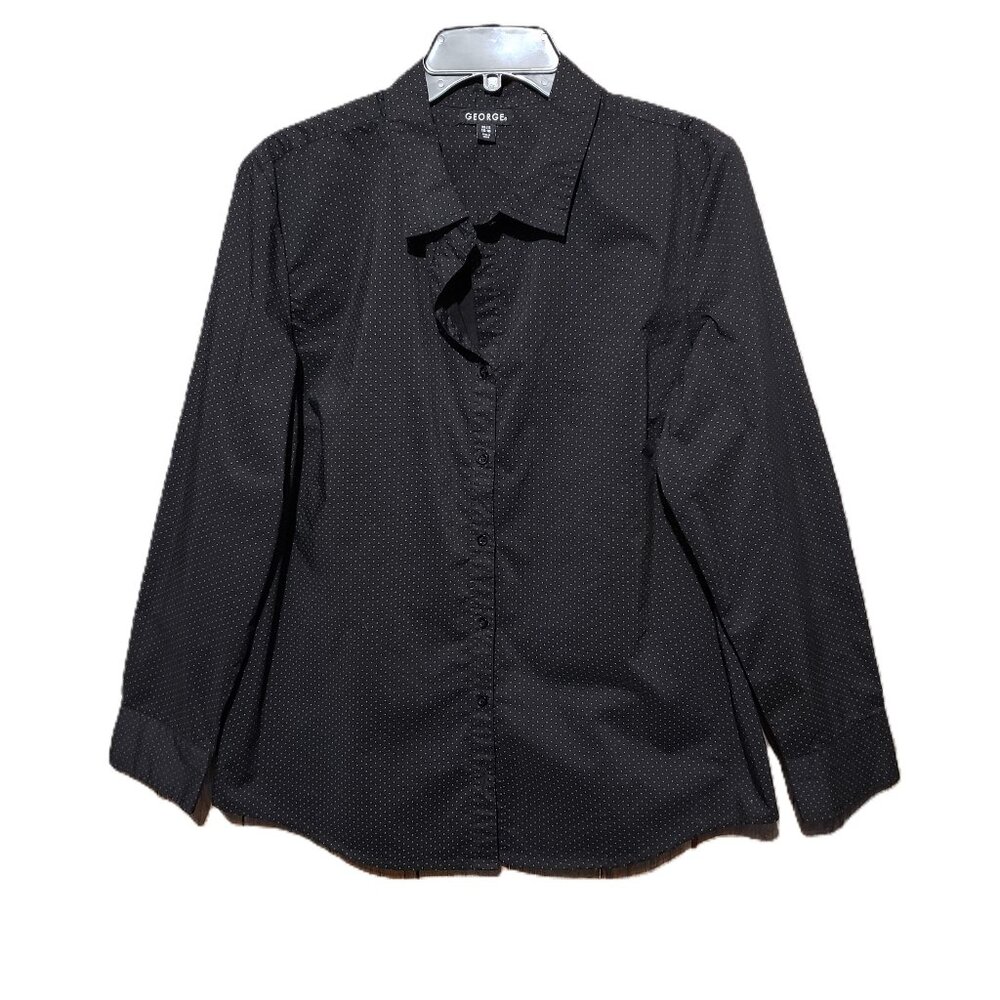 George XL 16 18 Blouse Top Black Polka‎ Dot Button Front Long Sleeve Stretch